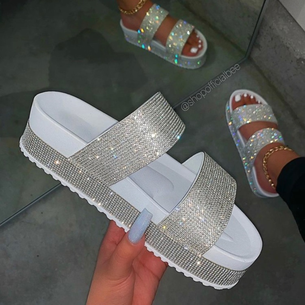 White Rhinestone Double Band Sandals